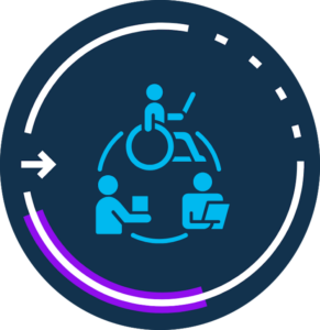 an image of a wheelchair and two people using assistive technology